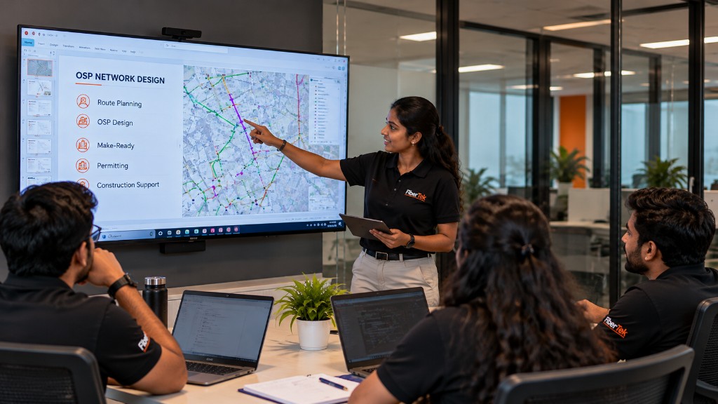 A FiberTek engineer presenting OSP network design work to colleagues in the office.