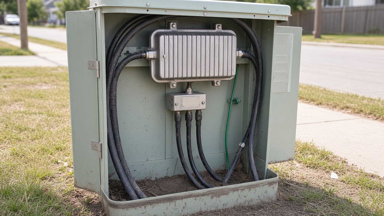 Open underground coax pedestal with hardline through a node and drop cables leaving toward houses.