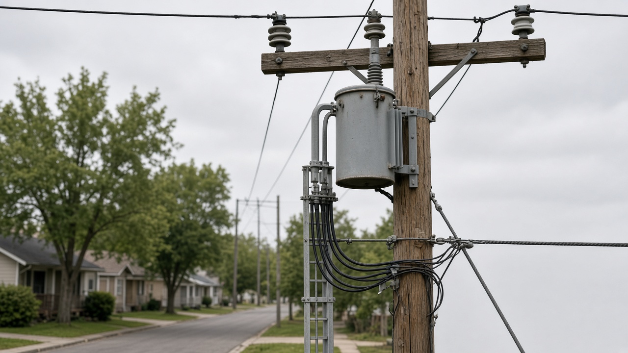 Wooden distribution pole with a transformer, crossarm, power lines, and communications cables.