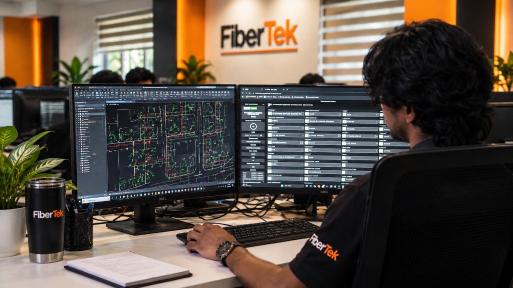 A FiberTek designer at dual monitors, with a network drawing and project software open.